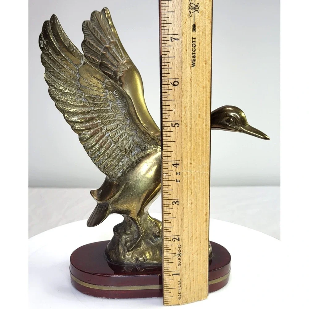 Brass Patina Duck Figurine on Wood Stand Great City Traders San Fransisco Vtg